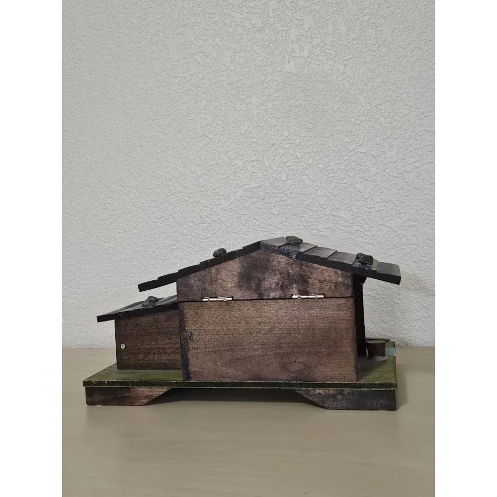 Vintage Japan Wood Chalet Music Box Water Wheel Alpine Cabin Jewelry Box Mirror